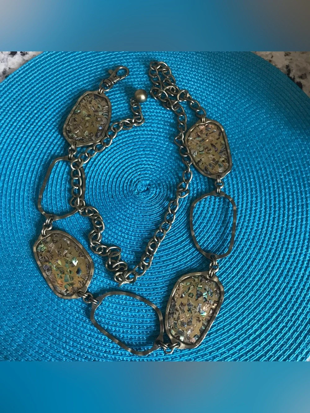 Chicos Iridescent Metal Boho Hippie Peasant Chain Belt Burnished Gold Chico’s